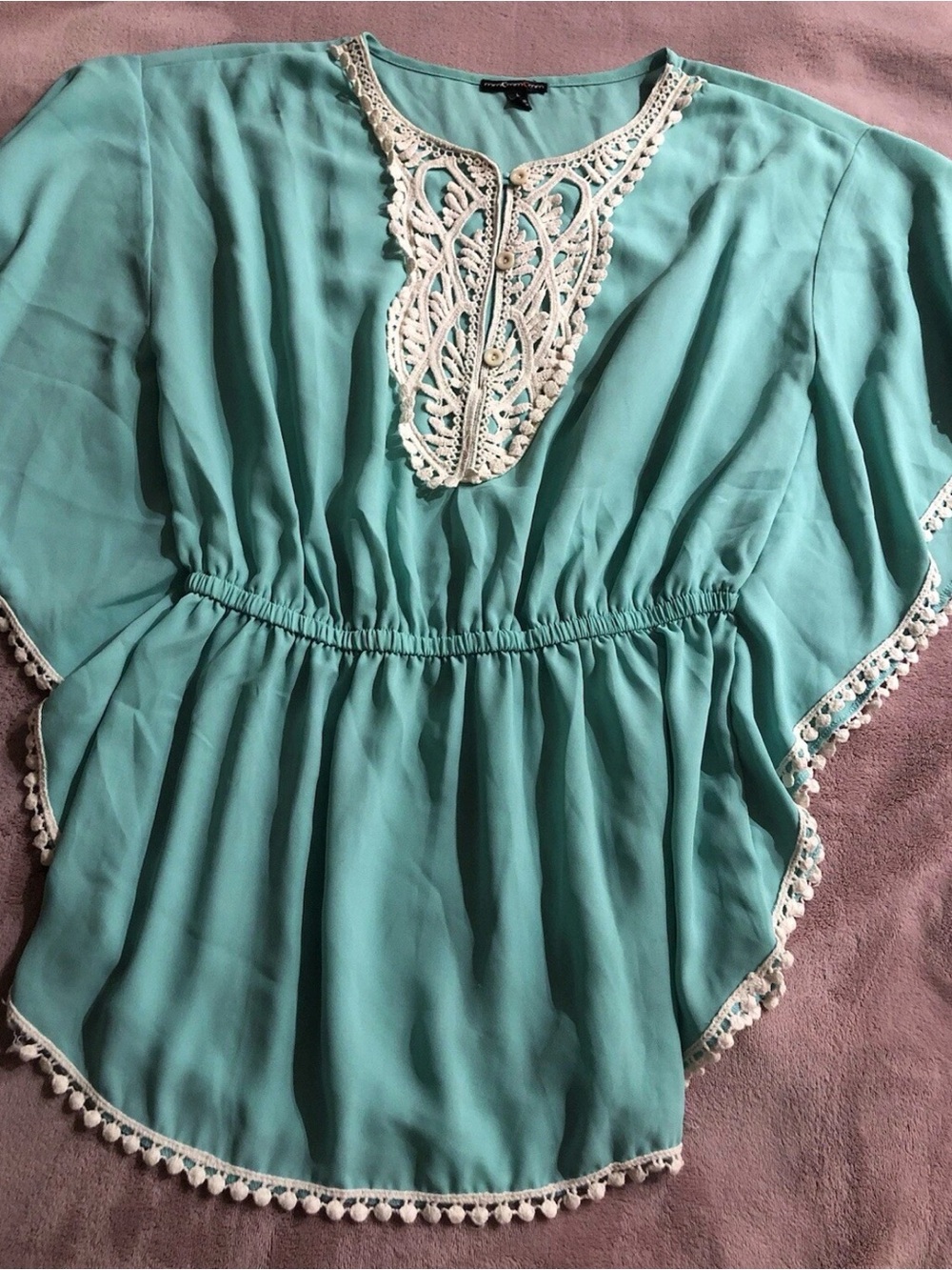 Womens Aqua Crochet-Trim Peasant Blouse